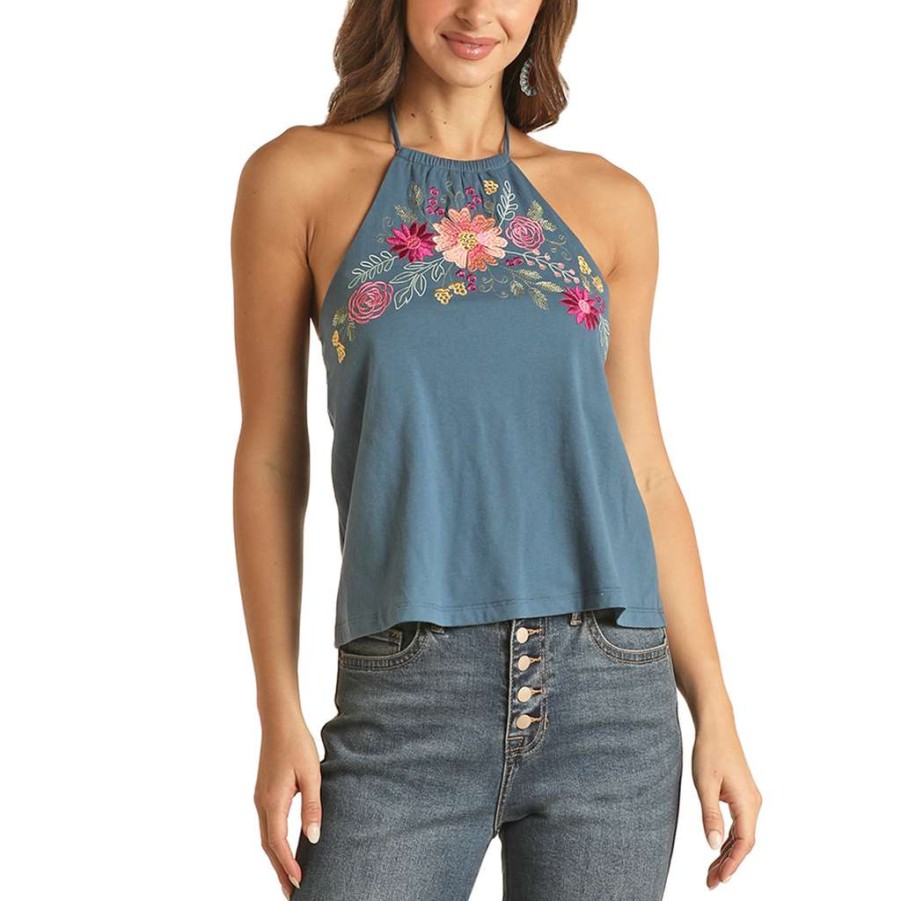 Fashions * | Rock & Roll Ladies Halter Flower Embroidered Navy Tank Top Rrwt20Rzn5 Special Offers