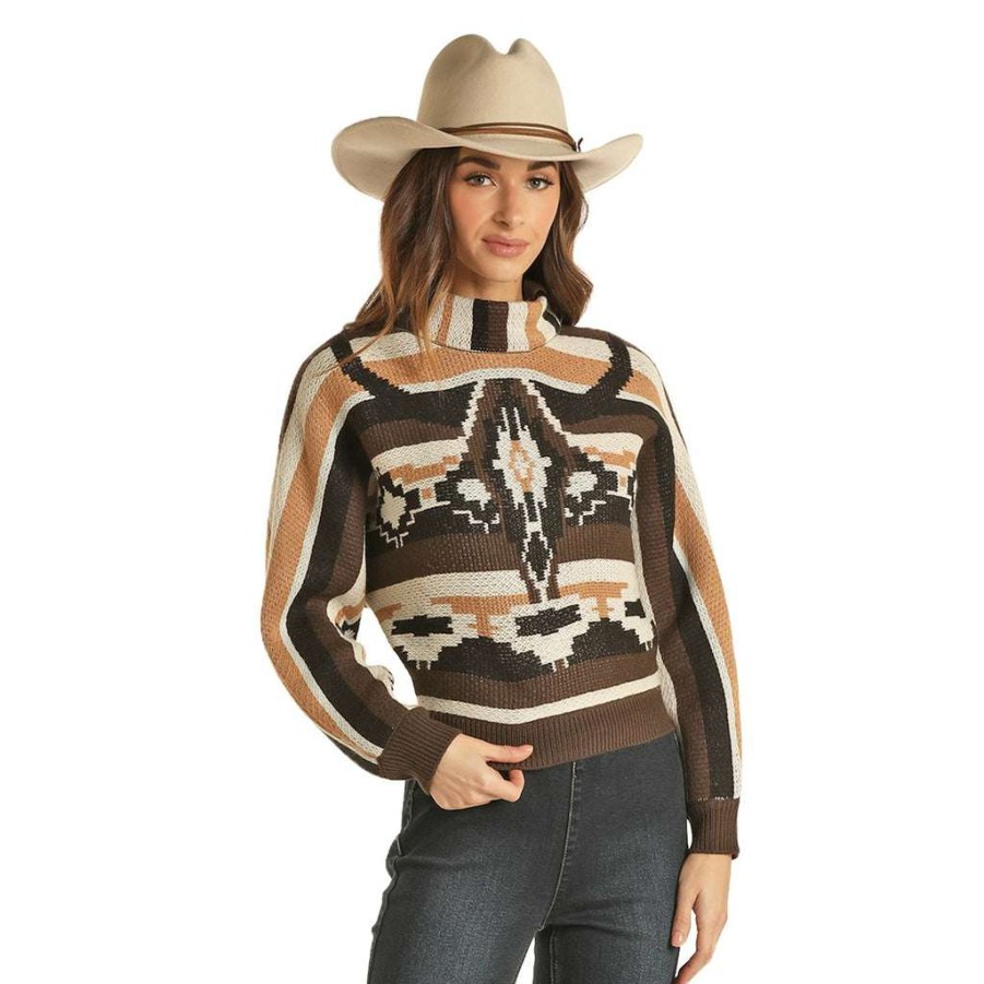 Fashions * | Rock & Roll Cowgirl Ladies Long Horn Skull Sweater 46-2394 Discount Online Brown