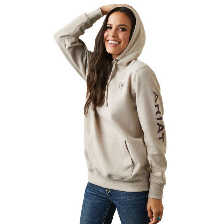 Fashions * | Ariat Ladies Logo Oatmeal Heather Pullover Hoodie 10040812 Exclusive Beige