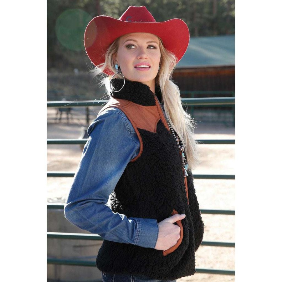 Fashions * | Cruel Denim Ladies Sherpa Novelty Western Print Vest Cwv7310002 Online Black