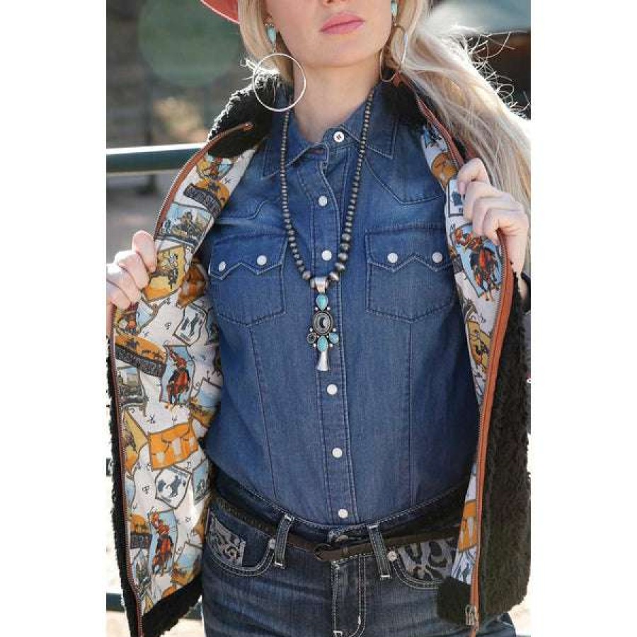 Fashions * | Cruel Denim Ladies Sherpa Novelty Western Print Vest Cwv7310002 Online Black