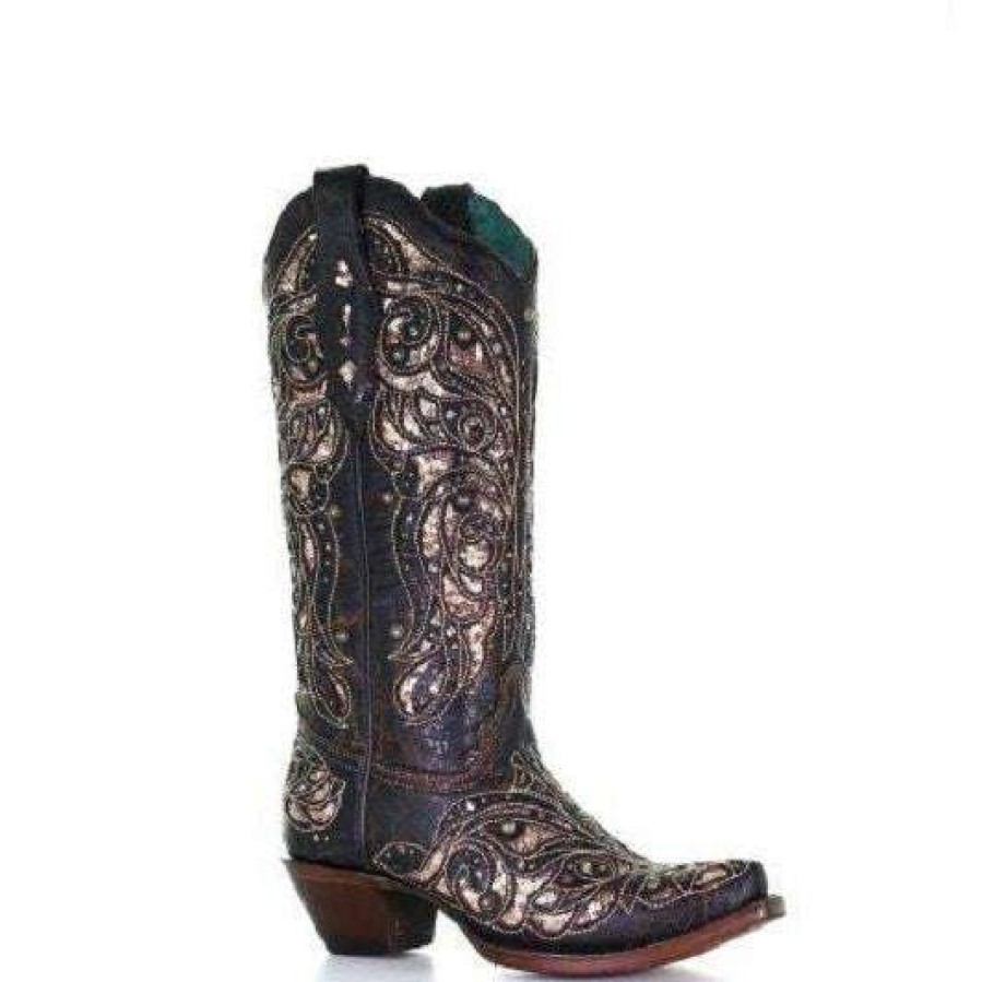 Booties * | Corral Ladies Embroidery & Stud Black & Honey Inlay Boots A4124 Fashionable