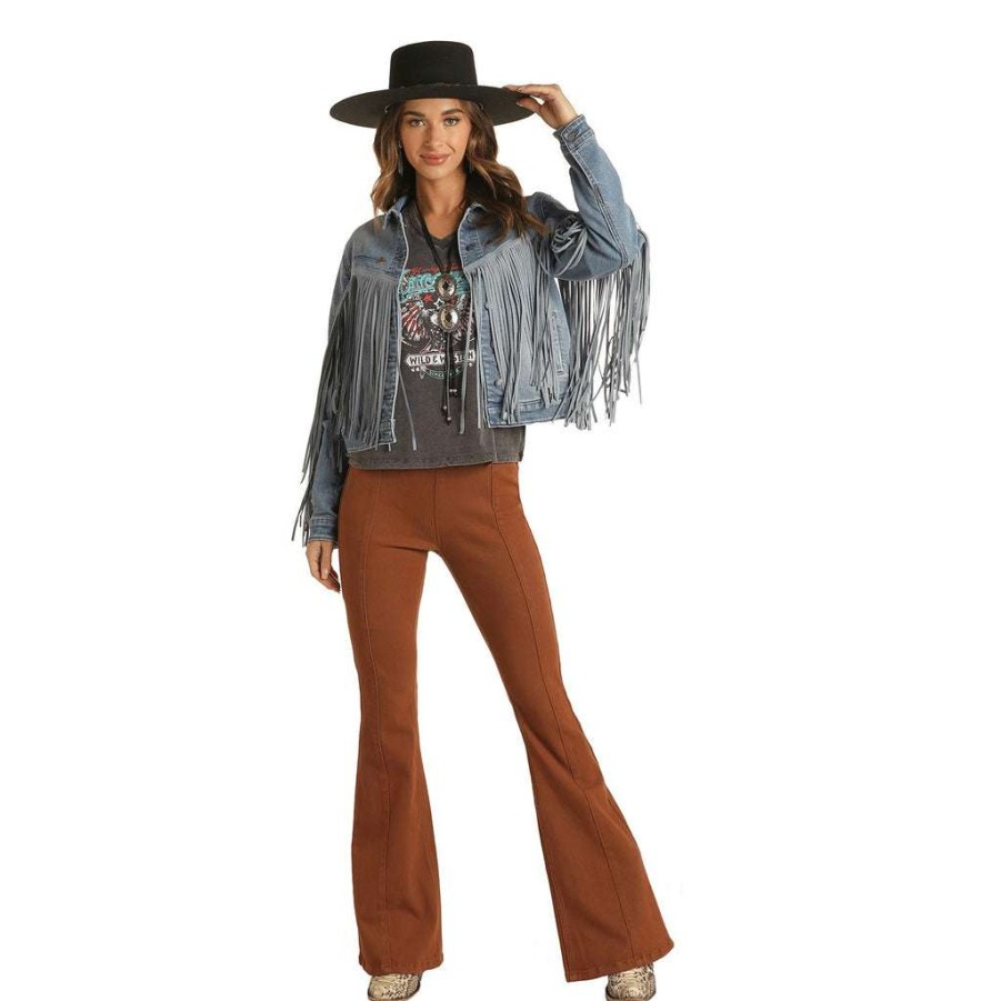 Fashions * | Rock & Roll Cowgirl Ladies Suede Fringe Light Wash Denim Jacket 52-1708 Online Blue