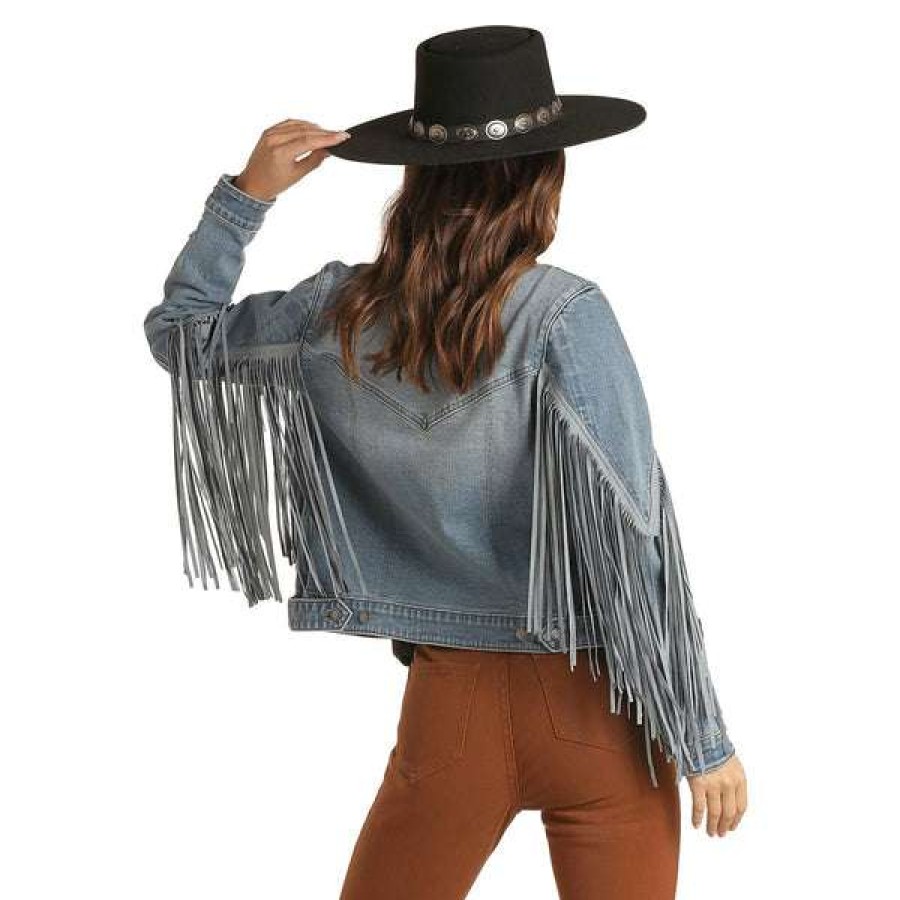 Fashions * | Rock & Roll Cowgirl Ladies Suede Fringe Light Wash Denim Jacket 52-1708 Online Blue