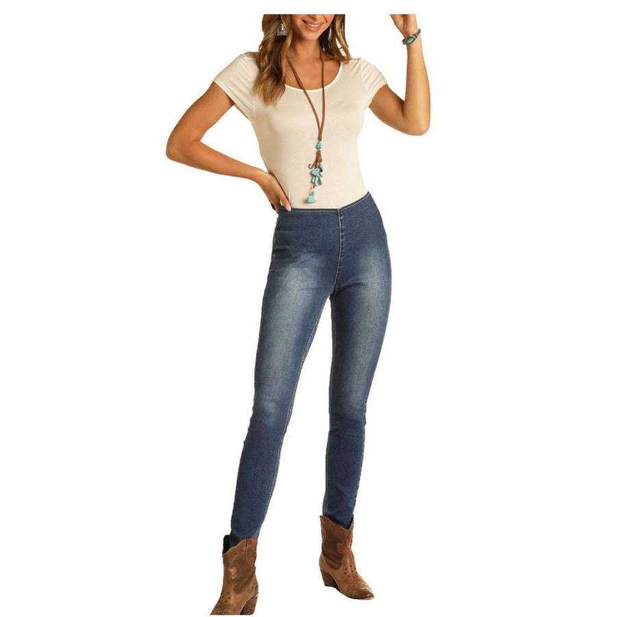 Fashions * | Rock & Roll Denim Ladies High Rise Pull On Skinny Jeans Wps9754 Fashion Blue