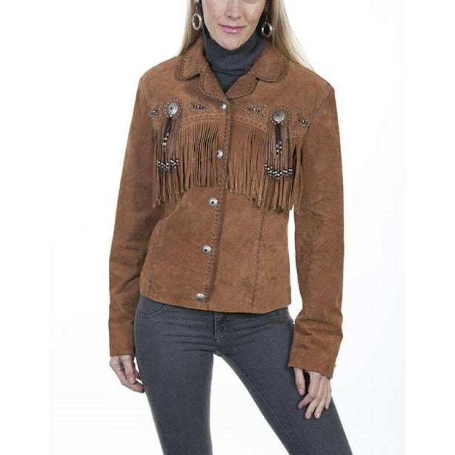 Fashions * | Scully Ladies Cinnamon Boar Suede Fringe And Beaded Jacket L152-81 Featured