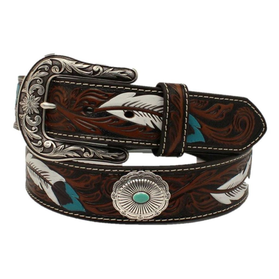 Fashions * | Ariat Ladies Floral Embossed Feathered Leather Brown Belt A1533602 Crazy Deals