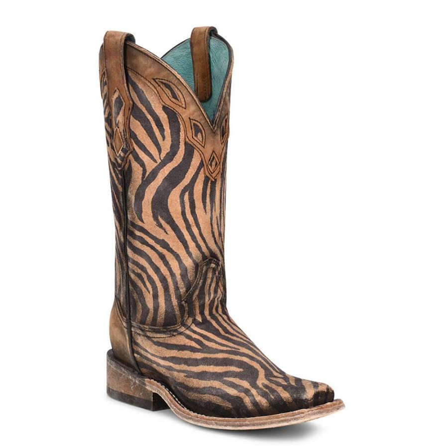 Booties * | Corral Ladies Saddle Zebra Print & Overlay Square Toe Boots C3859 Fashionable Brown