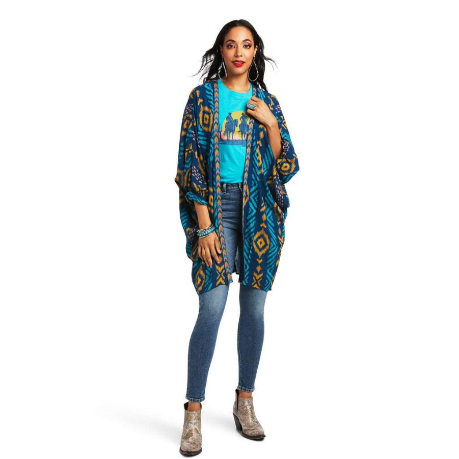 Fashions * | Ariat Ladies Ella Multi Print Kimono Wrap 10039848 Good Quality Blue