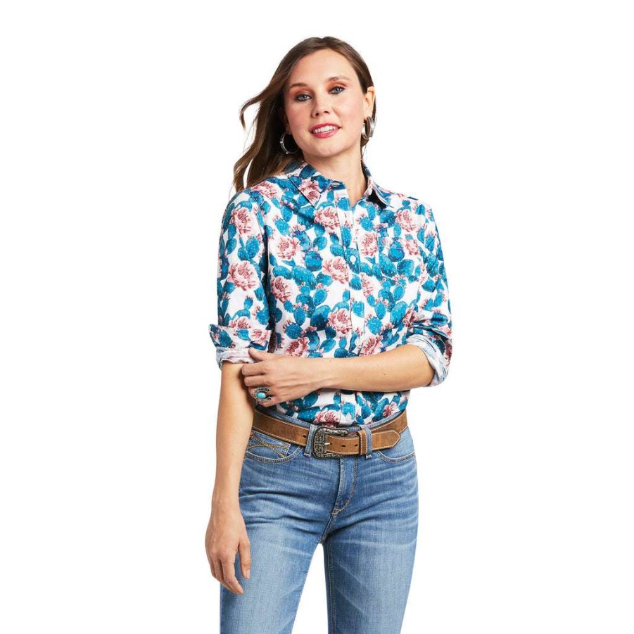 Fashions * | Ariat Ladies Kirby Stretch Hibiscus Cactus Print Button Down Shirt 10039337 Special Offers Blue