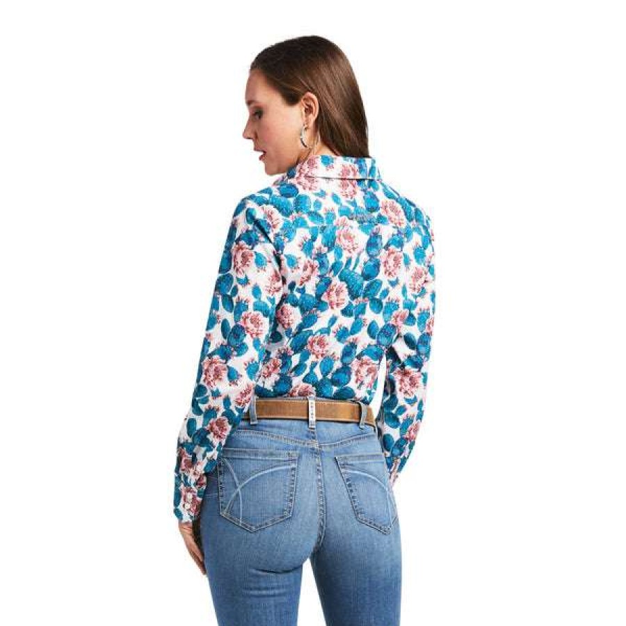 Fashions * | Ariat Ladies Kirby Stretch Hibiscus Cactus Print Button Down Shirt 10039337 Special Offers Blue