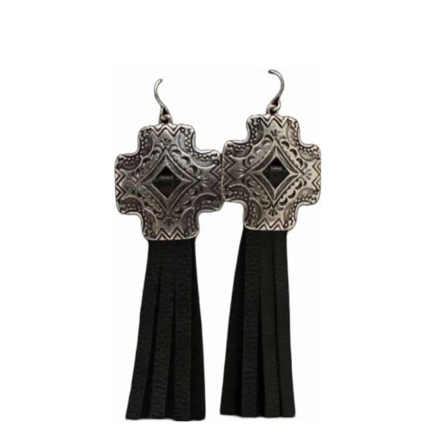 Fashions * | M&F Ladies Silver Cross Concho Leather Tassel Earrings 30441 Featured