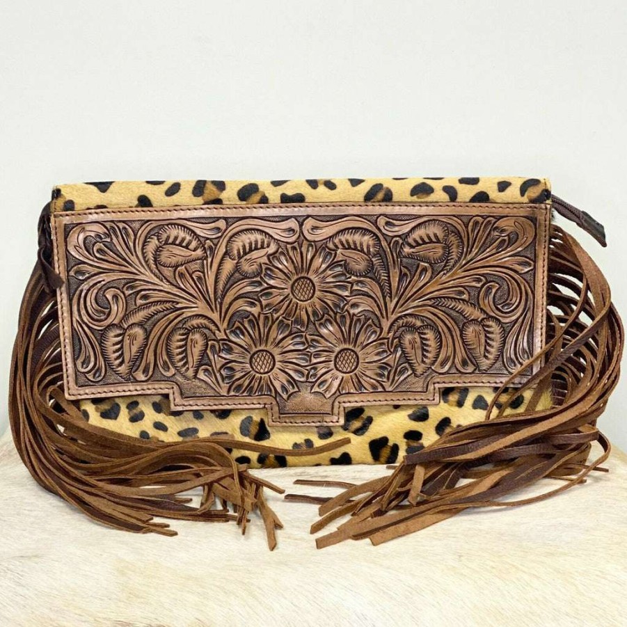 Fashions * | American Darling Leopard Cowhide Fringe Crossbody Adbg359Che Exclusive