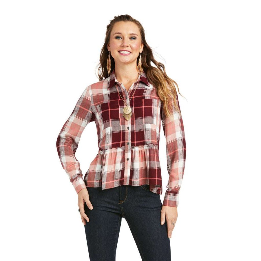 Fashions * | Ariat Ladies Ford Long Sleeve Multi Color Shirt 10037239 Store Red