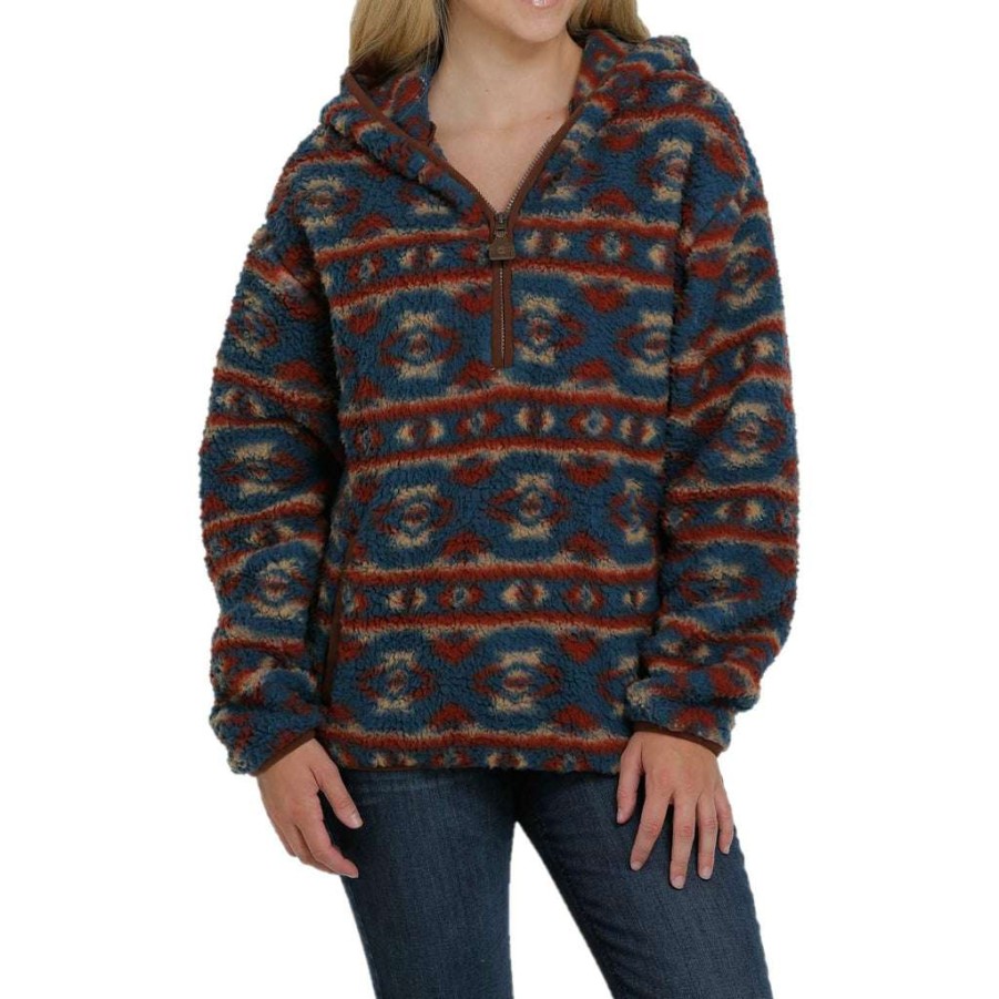 Fashions * | Cinch Ladies 1/2 Zip Hooded Multi-Color Sherpa Pullover Mak9811001 Promotions