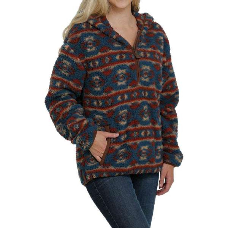 Fashions * | Cinch Ladies 1/2 Zip Hooded Multi-Color Sherpa Pullover Mak9811001 Promotions