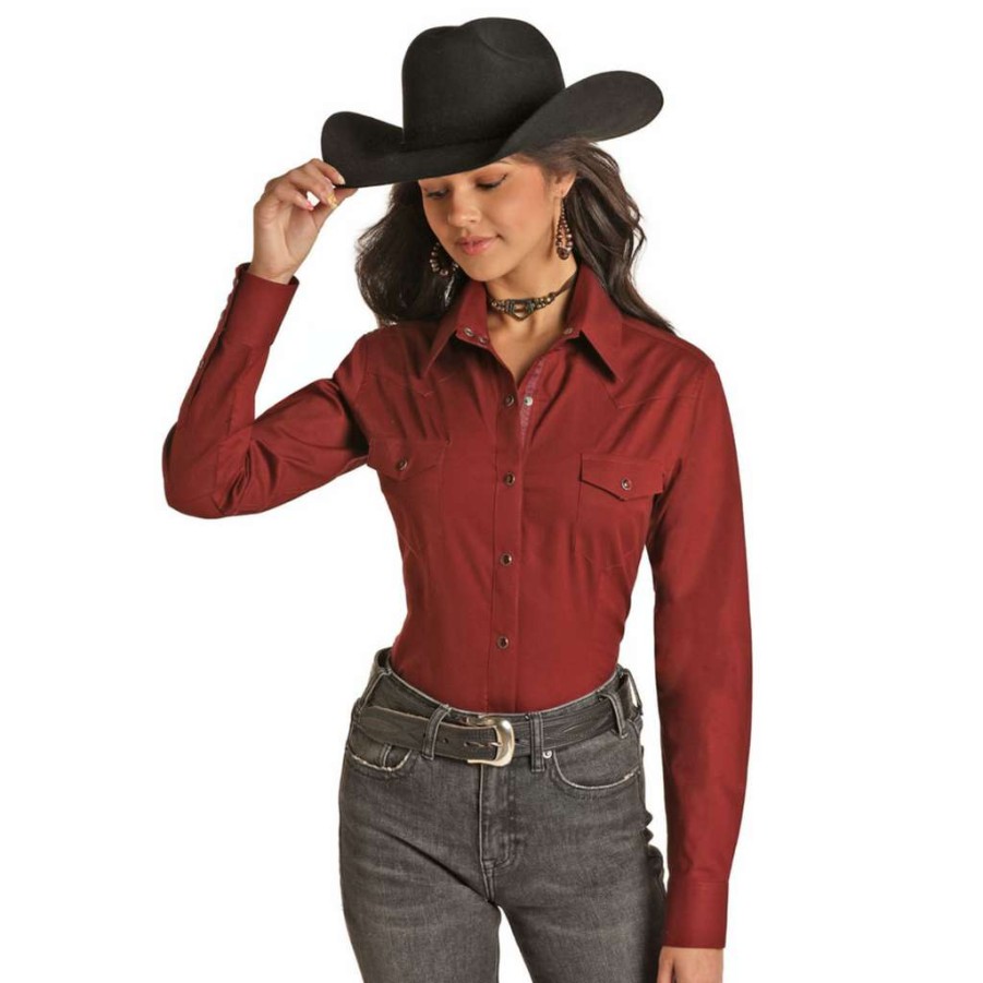 Fashions * | Panhandle Ladies Solid Maroon Stretch Poplin Shirt Pswsosrz2N-60 Shop