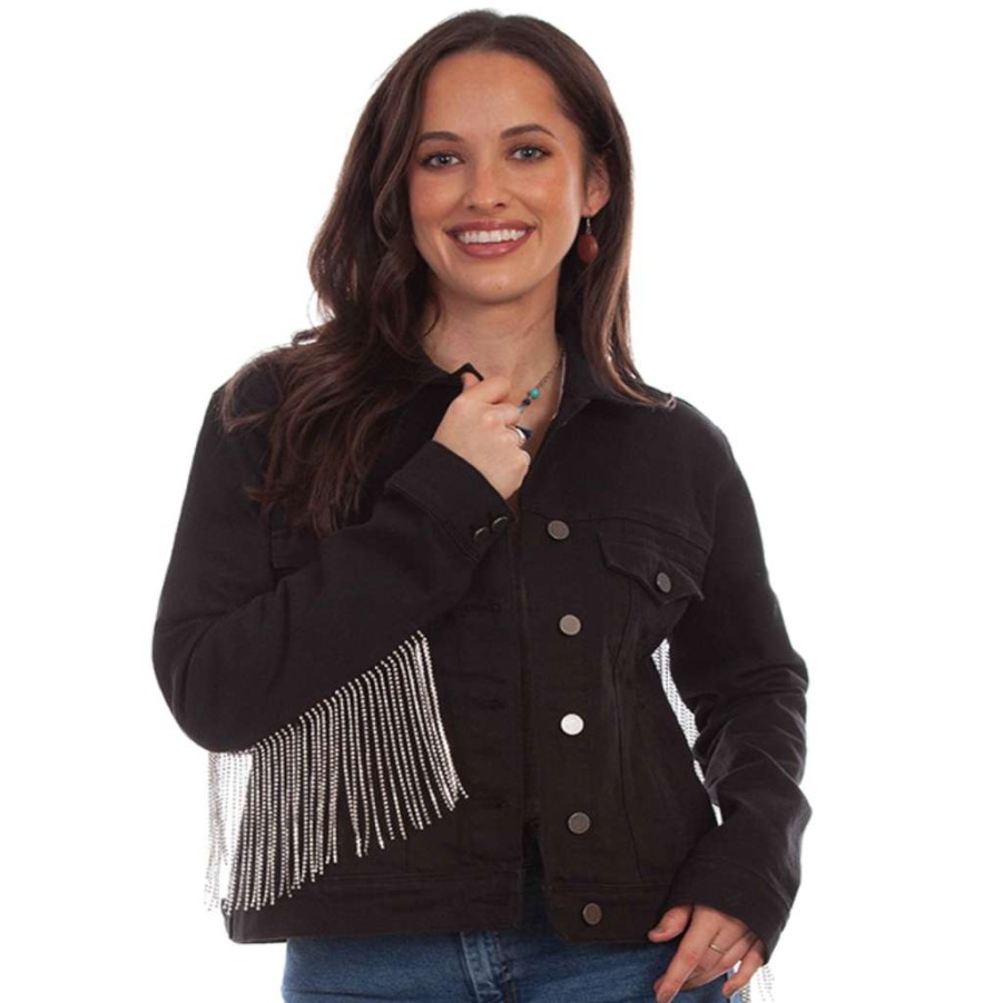 Fashions * | Scully Ladies Rhinestone Fringe Black Denim Jacket Hc792-Blk Discount Online