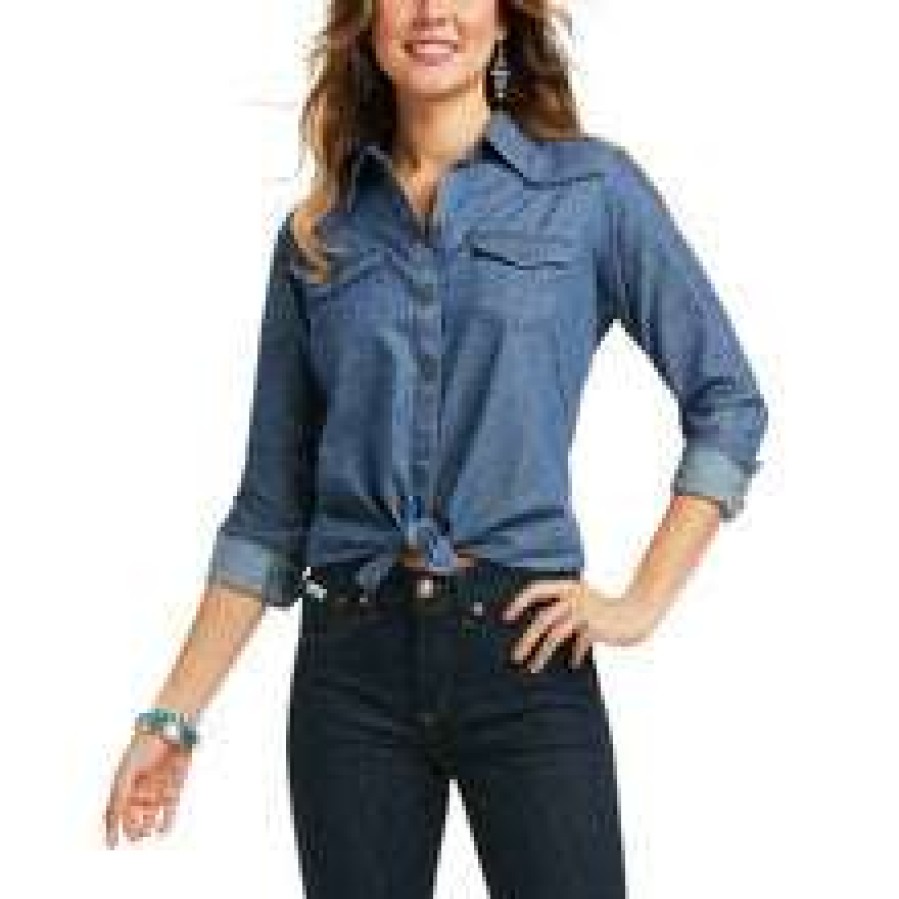 Fashions * | Ariat Ladies Western Home Navy Long Sleeve Shirt 10037907 Shop