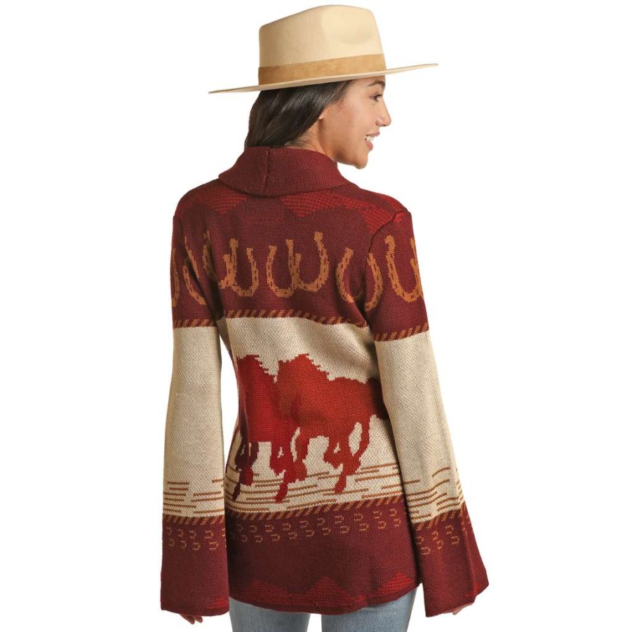 Shoes * | Powder River Ladies Horseshoe & Aztec Burgundy Sweater Prwo95Rzxc-62 Featu Red