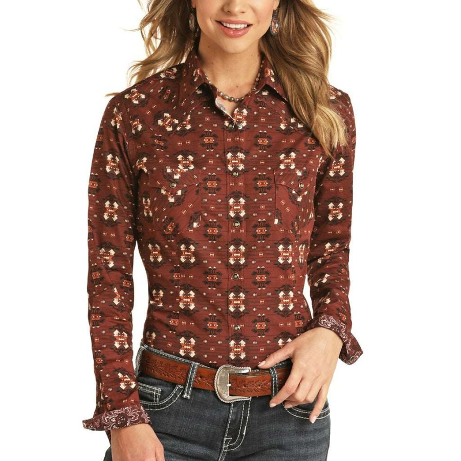 Fashions * | Panhandle Rough Stock Ladies Aztec Brick Snap Shirt R4S1222-63 Bestsellers