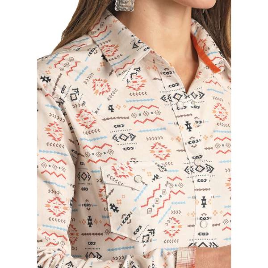 Fashions * | Panhandle Rough Stock Ladies Orange Aztec Pattern Snap Button Shirt Rswsosrzdl Latest Fashion