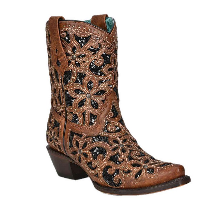 Booties * | Corral Ladies Glitter Inlay And Studs Tan Ankle Boots A4278 Bestsellers Brown