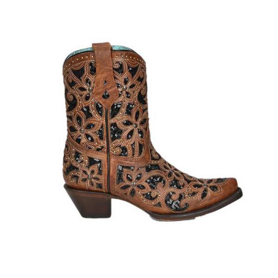 Booties * | Corral Ladies Glitter Inlay And Studs Tan Ankle Boots A4278 Bestsellers Brown