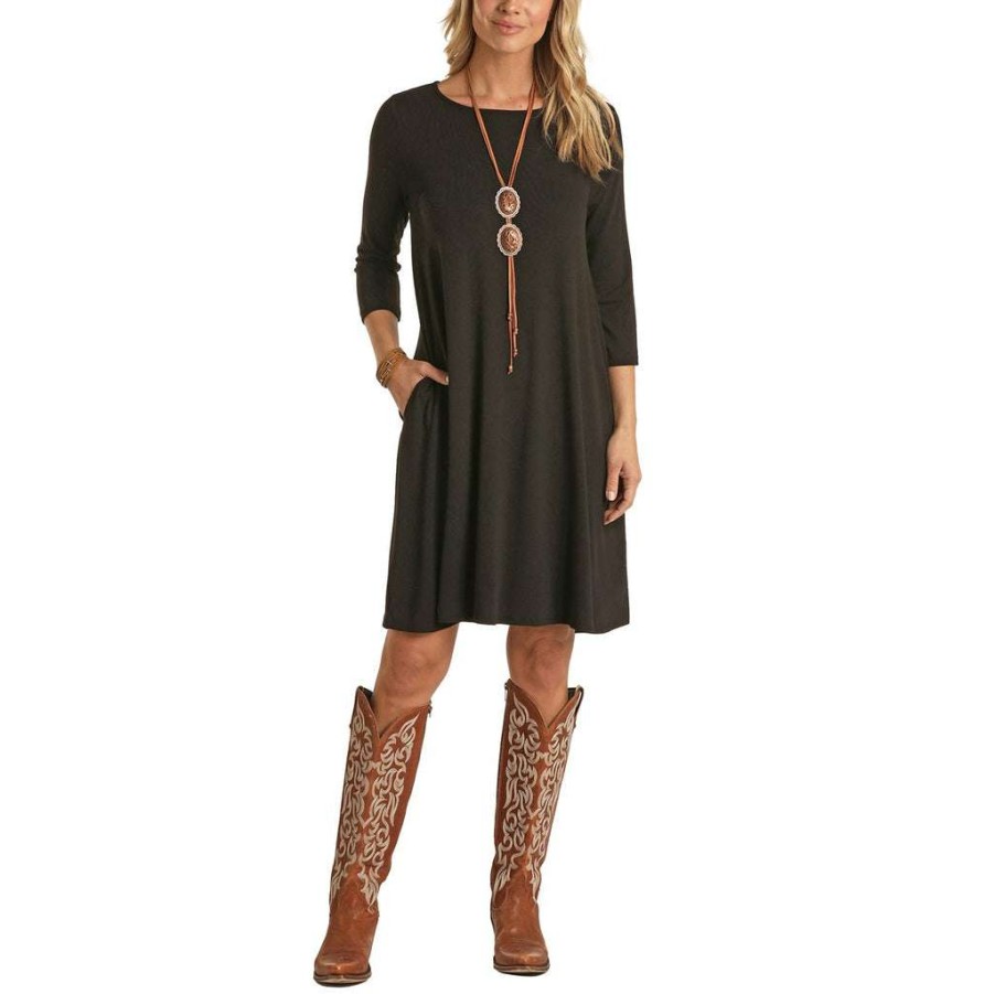 Fashions * | Panhandle Ladies Swing 3/4 Sleeve Dress L9D1928-01 Promotions Black