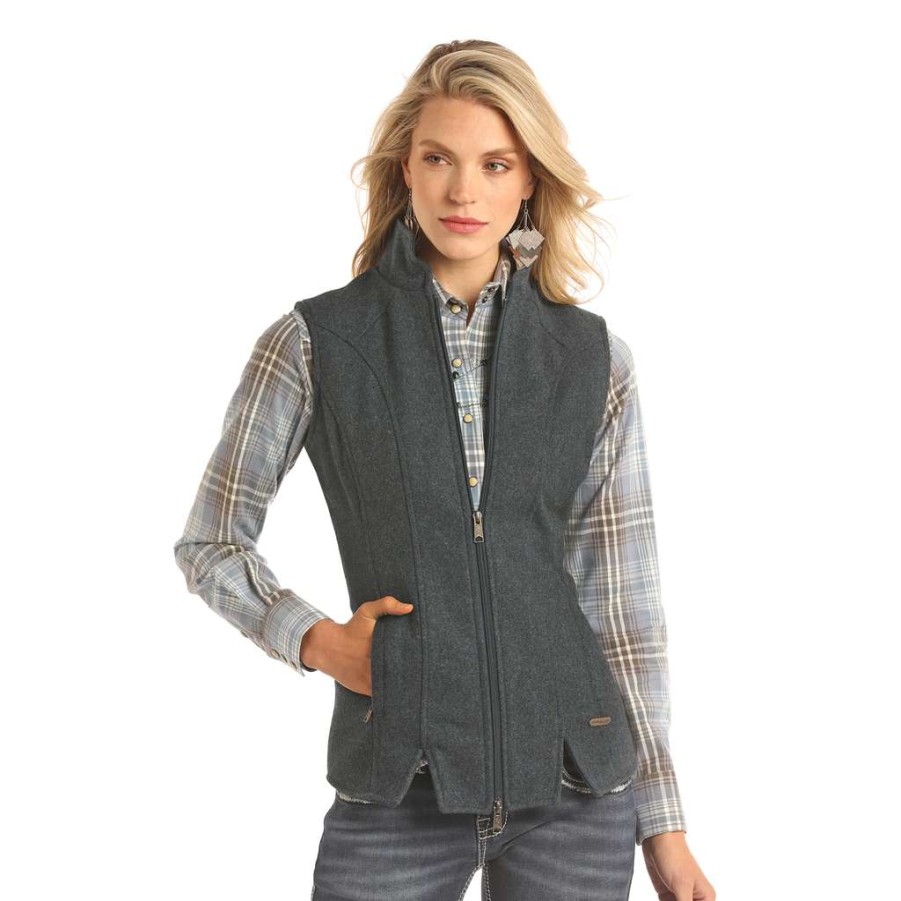 Fashions * | Powder River Outfitters Ladies Heather Navy Wool Fitted Vest 58-2632 Excellent Quality