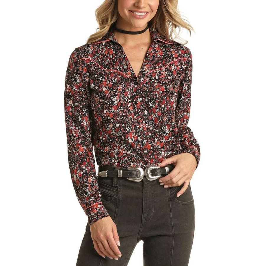 Fashions * | Panhandle Ladies Floral Print Snap Shirt 22S1916-01 Excellent Quality Black