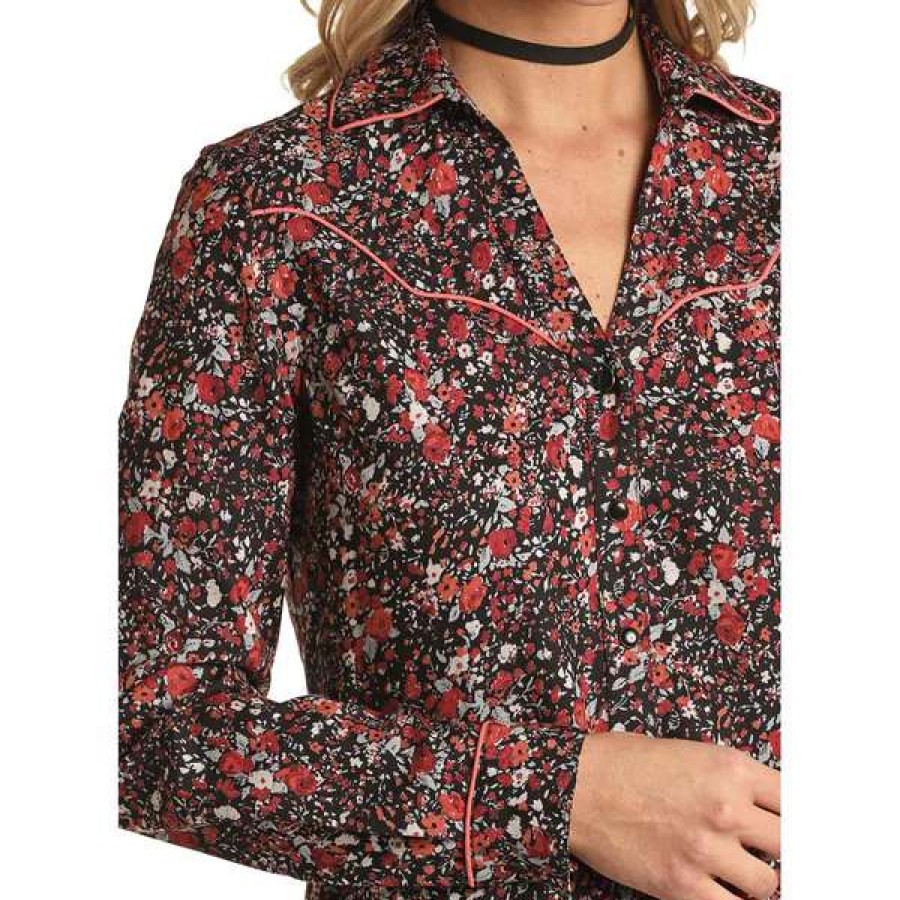 Fashions * | Panhandle Ladies Floral Print Snap Shirt 22S1916-01 Excellent Quality Black