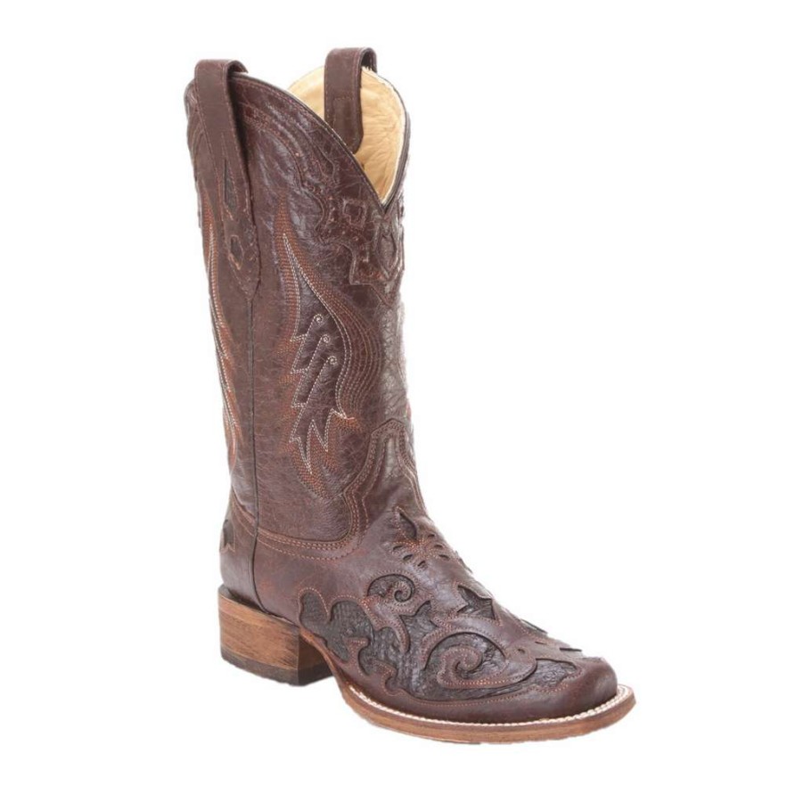 Booties * | Corral Ladies Chocolate Snake Inlay Square Toe Boots A2404 Crazy Deals Brown