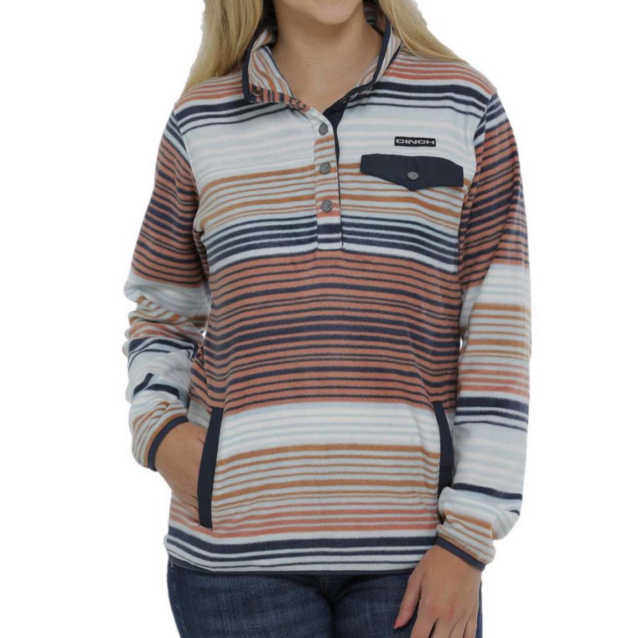 Fashions * | Cinch Ladies Light Bue Striped Fleece Pullover Mak9819004 Good Quality