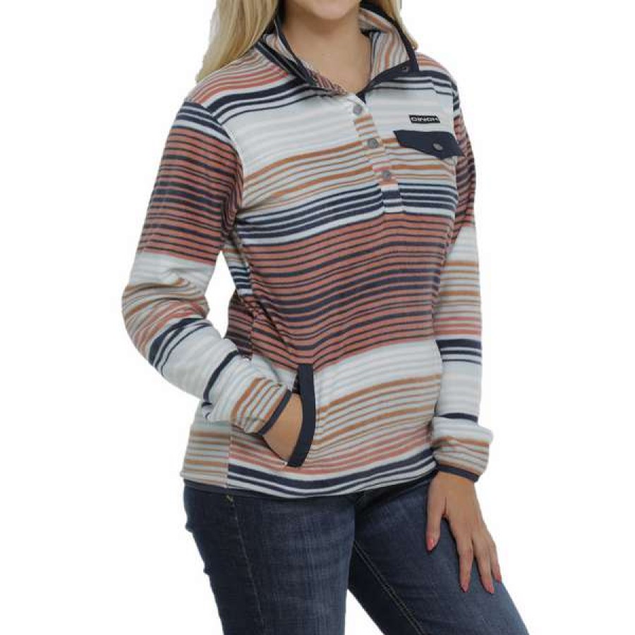 Fashions * | Cinch Ladies Light Bue Striped Fleece Pullover Mak9819004 Good Quality