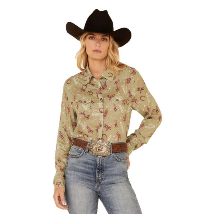 Fashions * | Cruel Girl Ladies Rodeo Print Green Snap Down Shirt Ctw7343005 Crazy Deals