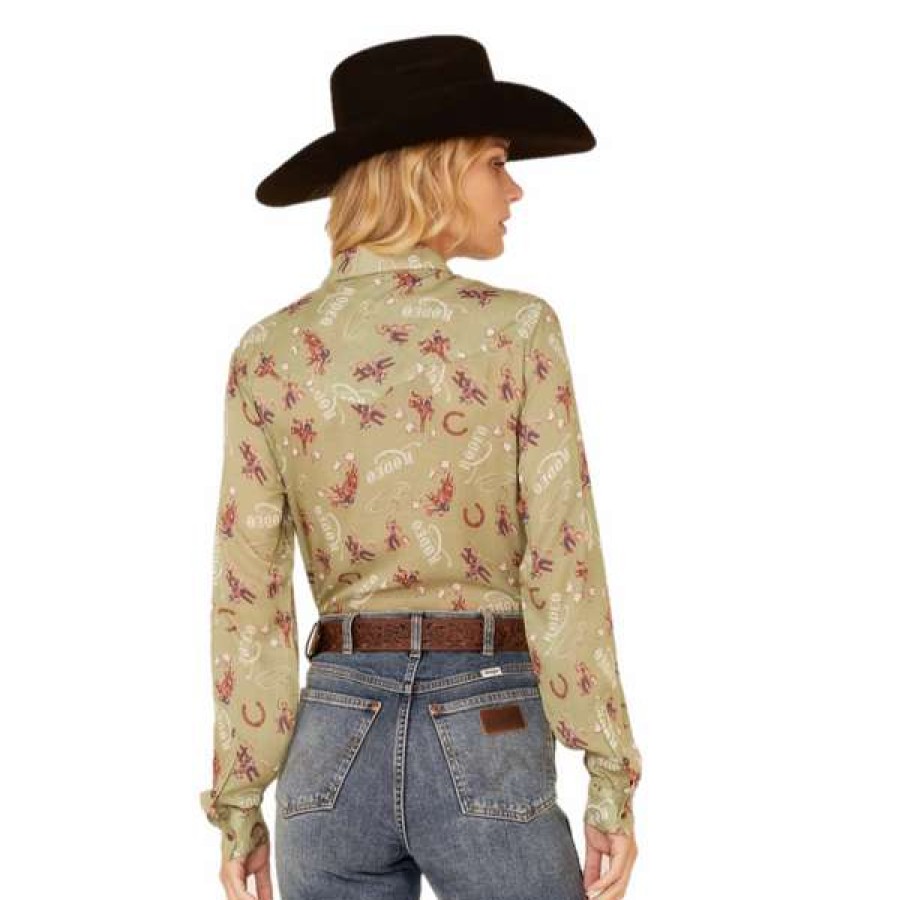 Fashions * | Cruel Girl Ladies Rodeo Print Green Snap Down Shirt Ctw7343005 Crazy Deals