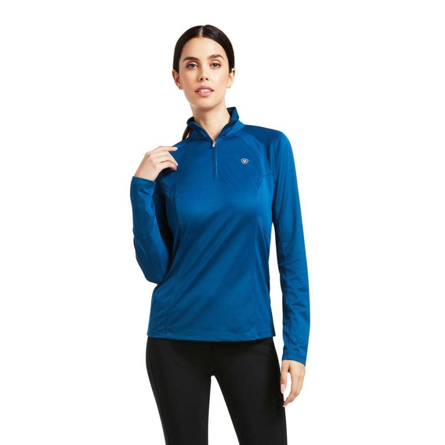 Fashions * | Ariat Ladies Sunstopper 2.0 1/4 Zip Baselayer Shirt 10039357 Excellent Quality Blue