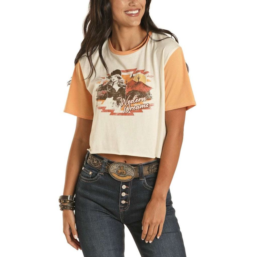 Fashions * | Rock & Roll Cowgirl Ladies Natural Graphic Crop Top T-Shirt 49T9904 Fashionable Beige