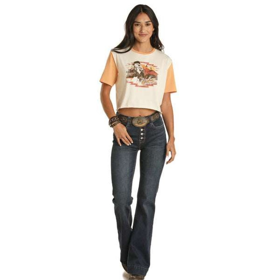 Fashions * | Rock & Roll Cowgirl Ladies Natural Graphic Crop Top T-Shirt 49T9904 Fashionable Beige