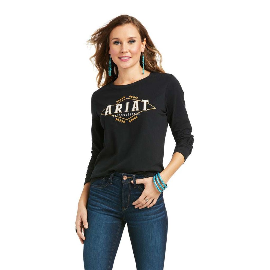 Fashions * | Ariat Ladies Real Logo Long Sleeve Black T-Shirt 10036967 Exclusive