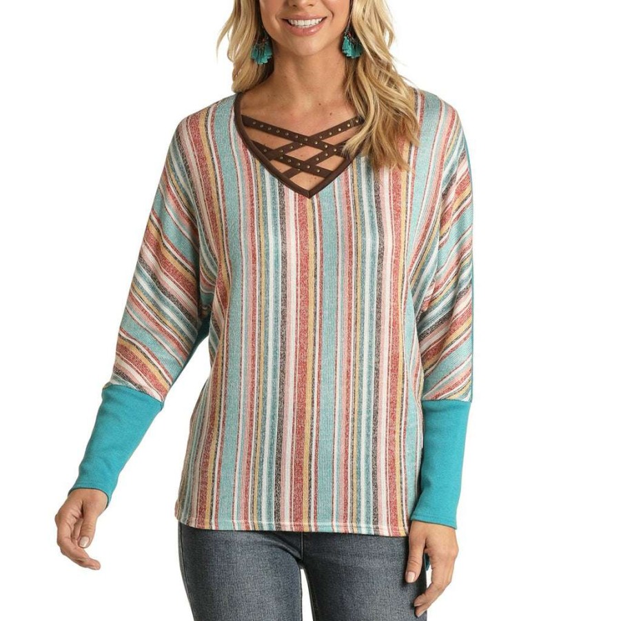 Fashions * | Panhandle Ladies Crisscross Neck Bright Turquoise Sweater L8T1894-87 Store