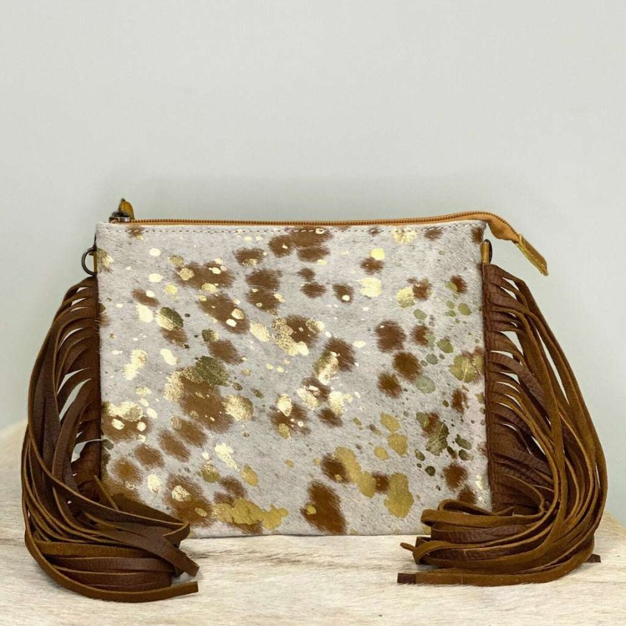 Fashions * | American Darling Gold And Cowhide Fringe Purse Adbg109Acgofrng Bestsellers