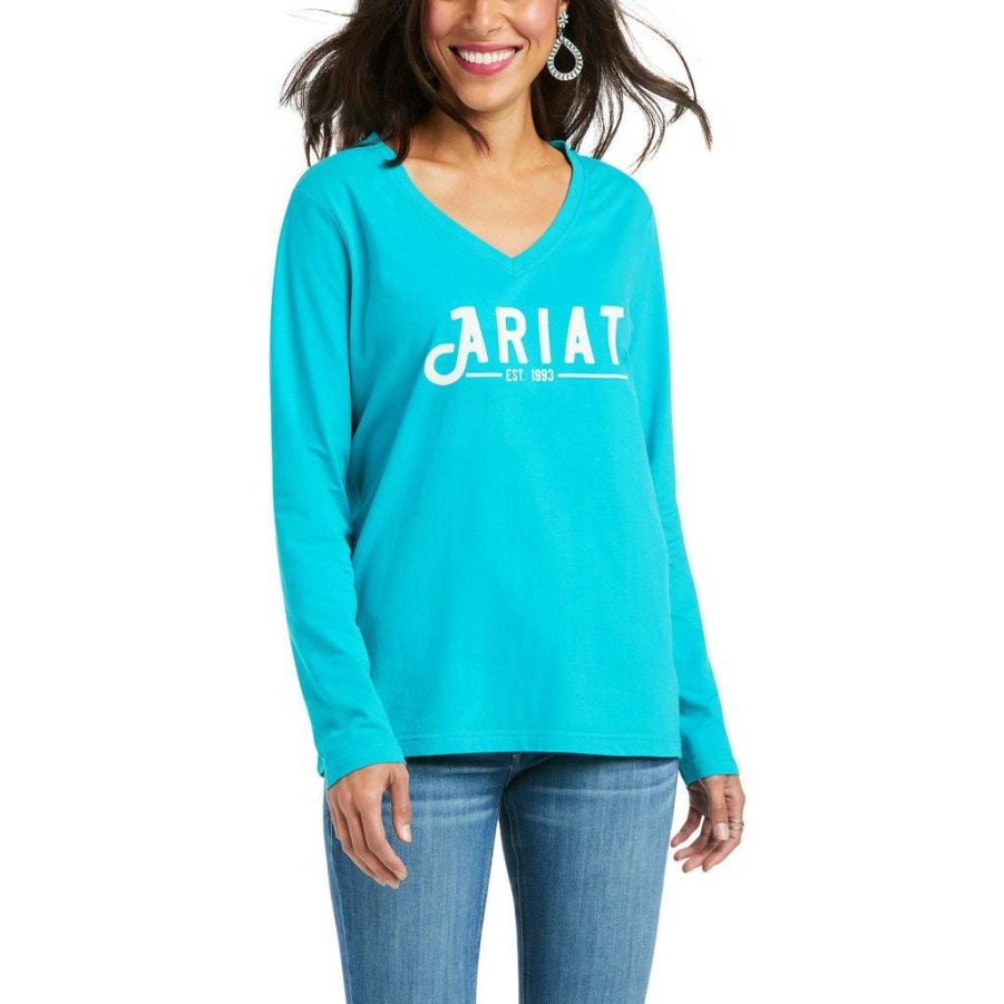 Fashions * | Ariat Ladies Real Long Sleeve Lake Blue Logo Tee 10037524 Bestsellers