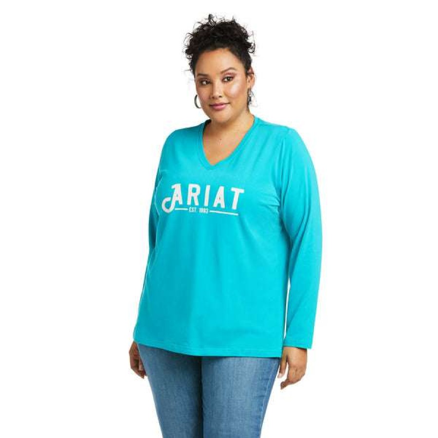 Fashions * | Ariat Ladies Real Long Sleeve Lake Blue Logo Tee 10037524 Bestsellers