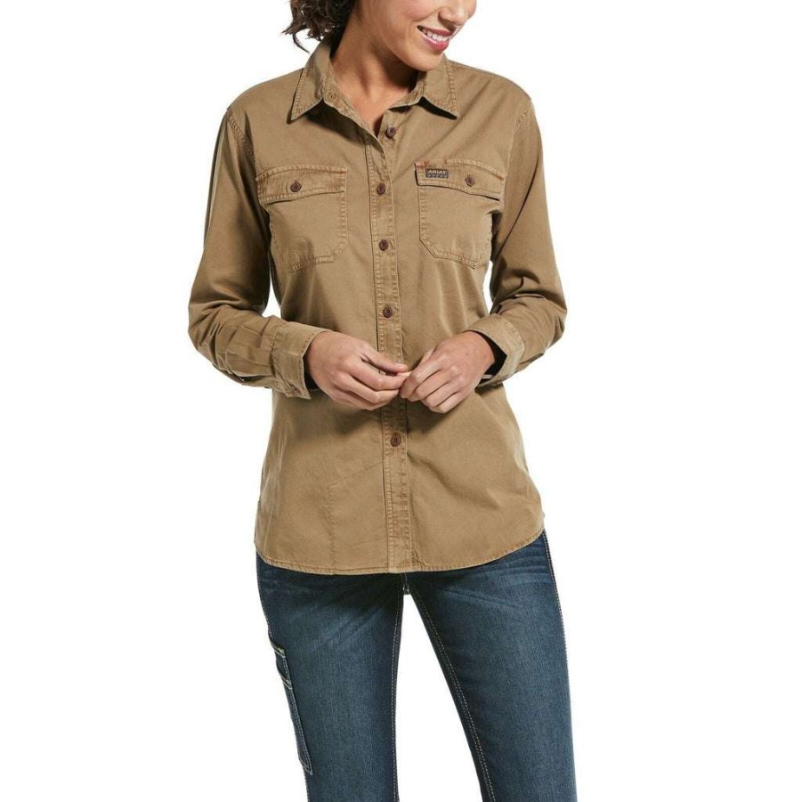 Fashions * | Ariat Ladies Rebar Washed Twill Khaki Button-Up Work Shirt 10032882 Featured Brown