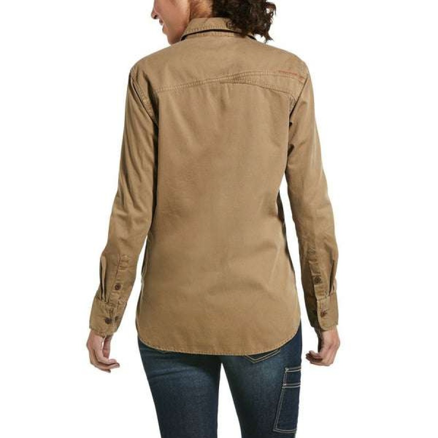 Fashions * | Ariat Ladies Rebar Washed Twill Khaki Button-Up Work Shirt 10032882 Featured Brown