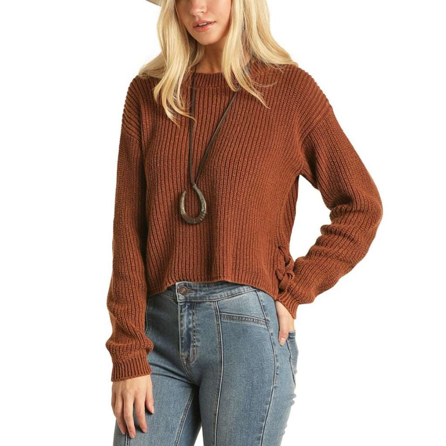 Fashions * | Rock & Roll Cowgirl Ladies Side Slit Brown Knit Sweater 46-1181-24 Store