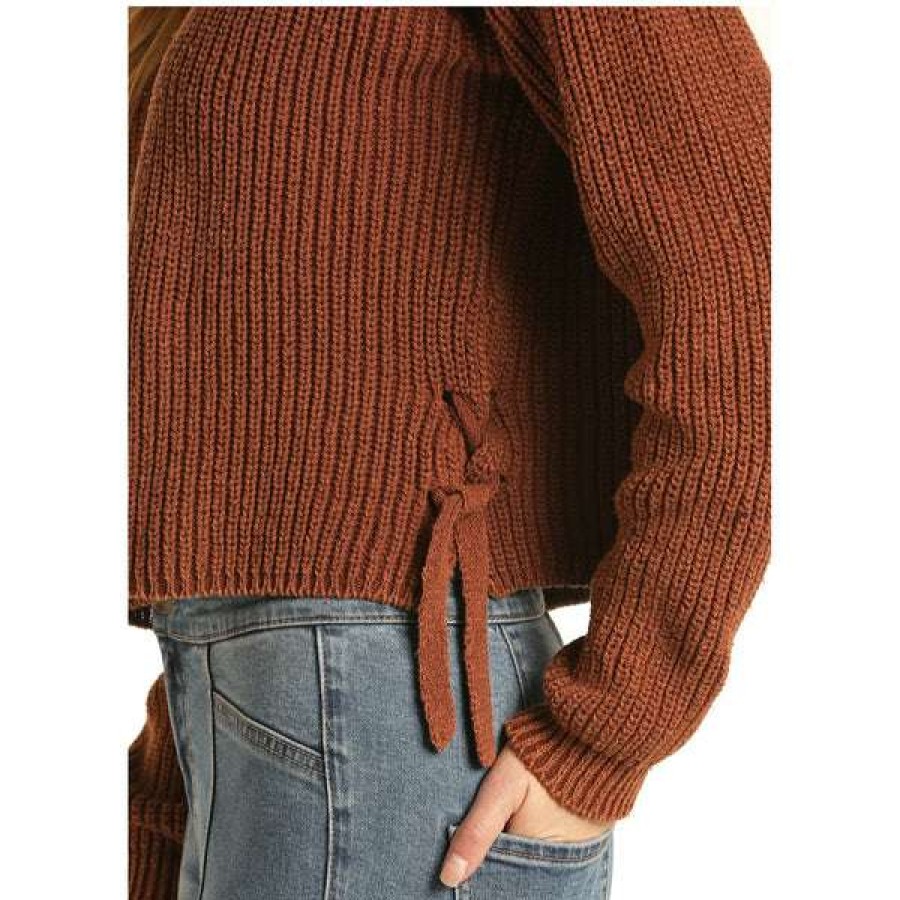 Fashions * | Rock & Roll Cowgirl Ladies Side Slit Brown Knit Sweater 46-1181-24 Store